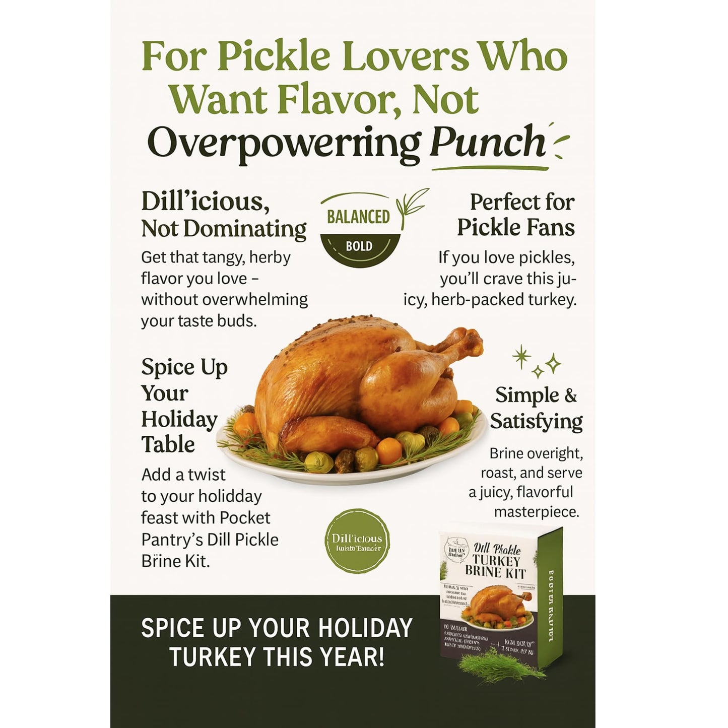 Dill Pickle Turkey Brine Kit - 12.75oz Brine Mix with Resealable Brining Bag & Oven Bag Included - Bold Pickle Juice Flavor for