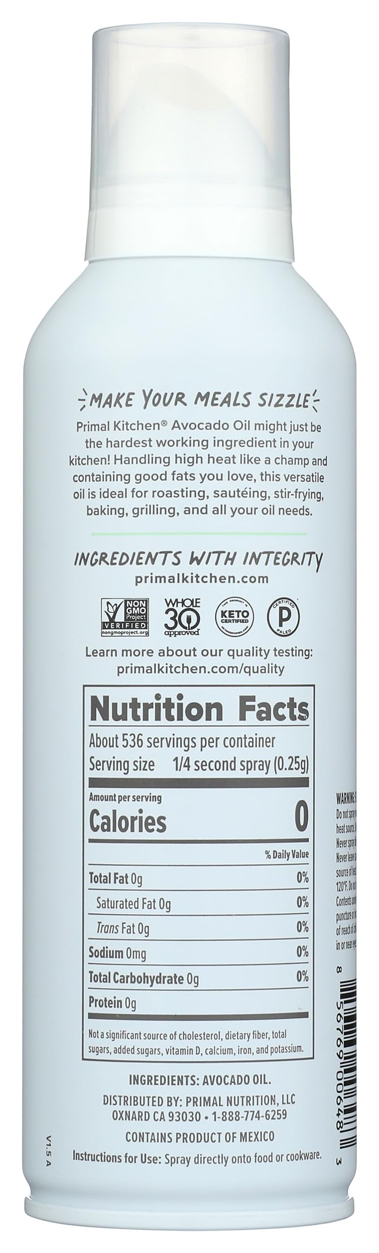 Primal Kitchen Avocado Oil Spray Whole 30 Approved & cold Pressed 1 can - 4.7 Ounce