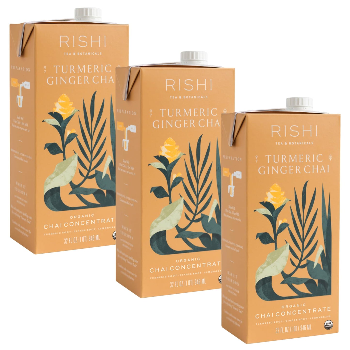 Rishi Tea Turmeric Ginger Chai Latte - Organic Herbal Tea Concentrate - 32 Fl Oz (Pack of 3) - Caffeine Free Chai Mix