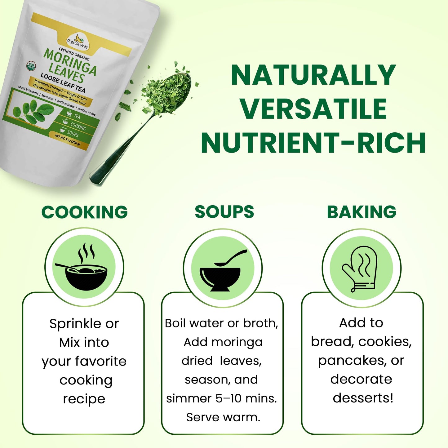 Organic Veda Moringa Tea Leaves - 100% Organic Dried Leaves - Moringa Oleifera Loose Leaf For Herbal Tea - Antioxidants Rich, Naturally Boosts Energy, Supports Digestion & Immune System - 7Oz