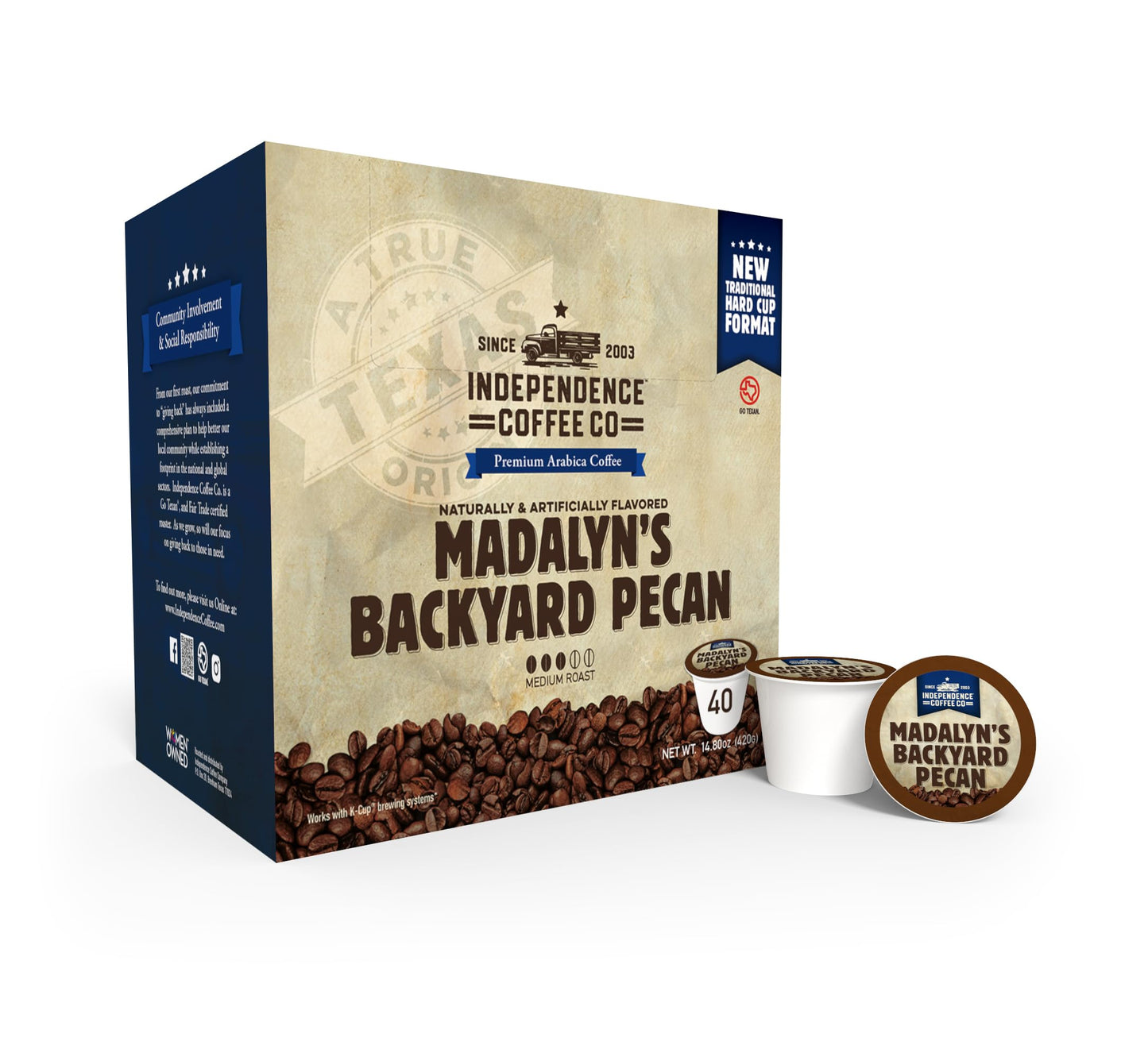 Independence Coffee Co. Single Serve Coffee K Cup Pods, Madalyns Backyard Pecan Flavor, Light Roast, 40 Count
