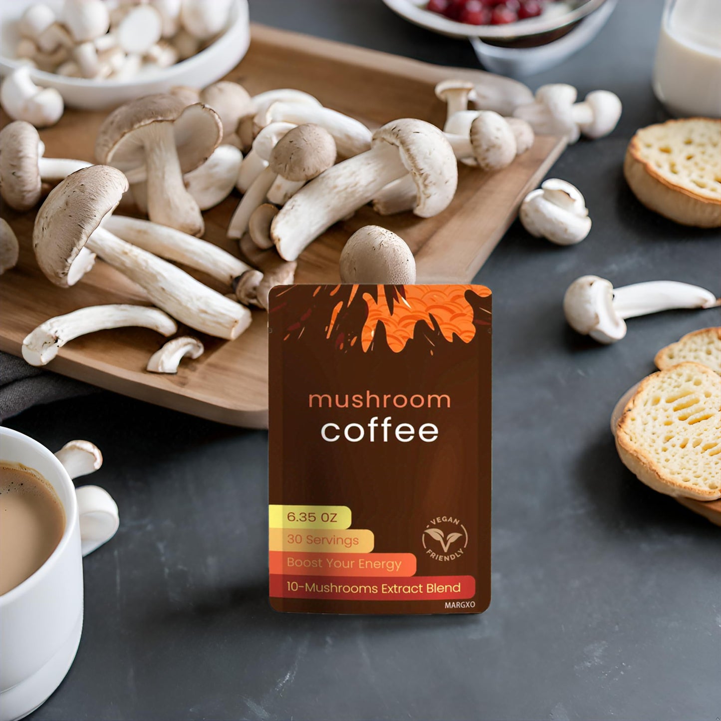 Margxo Mushroom Coffee, 6.35 Oz, 30 Servings, 10-Mushrooms Extract Blend, Boost Your Energy, Contains Coconut Milk