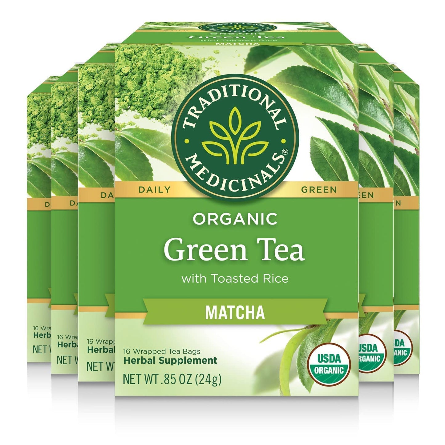 Traditional Medicinals Tea  Organic Green Tea Matcha  Genmaicha  Supports Health  Kosher  Non-GMO  Caffeine-Free  Compostable - 96 Tea Bags (6 Pack)