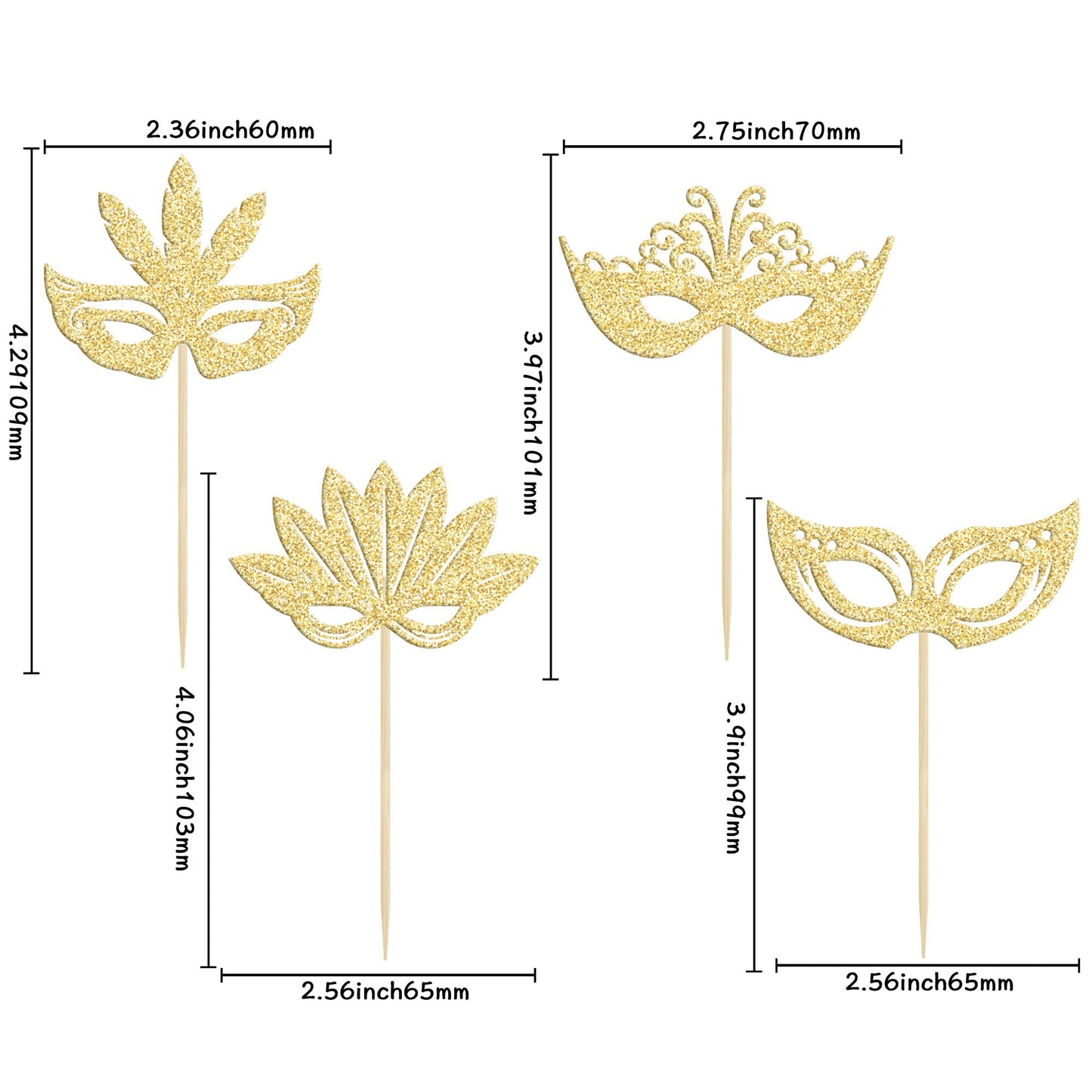 24Pcs Masquerade Masks Cupcake Toppers Gold Glitter Mask Cupcake Picks For Masquerade Mardi Gras Party Baby Shower Birthday Wedd