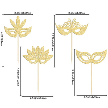 24Pcs Masquerade Masks Cupcake Toppers Gold Glitter Mask Cupcake Picks For Masquerade Mardi Gras Party Baby Shower Birthday Wedd