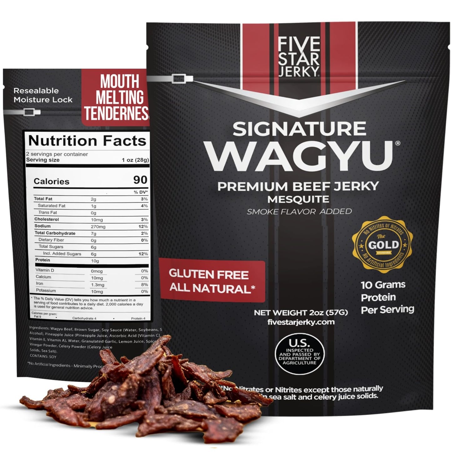 Five Star Jerky Wagyu Beef Jerky, Tender & Gluten-Free, 2 Oz Pack of 6