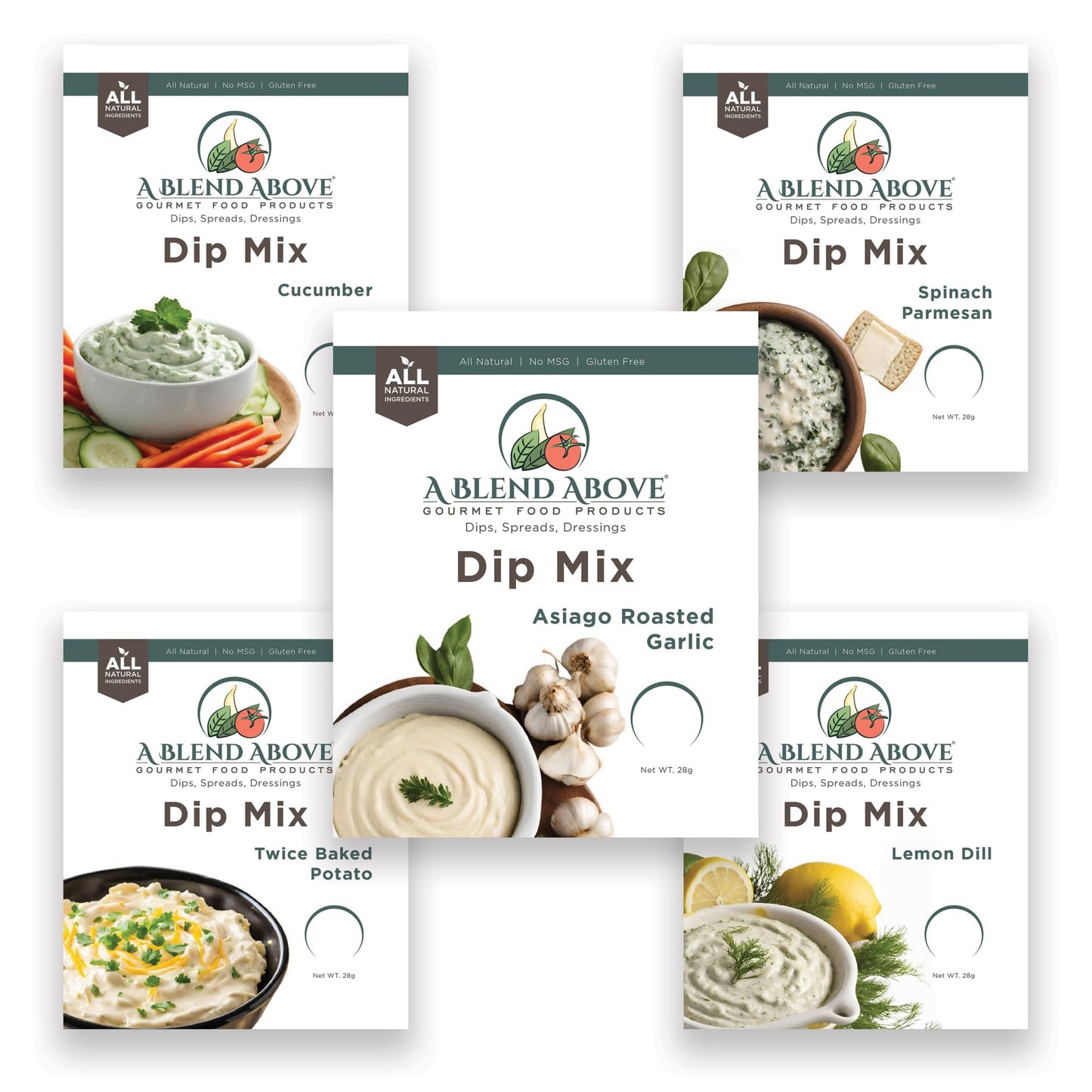 A Blend Above Dip Mix - Cucumber, Lemon Dill, Garlic, Spinach Parmesan, Twice Baked Potato - 5 Individual Packs