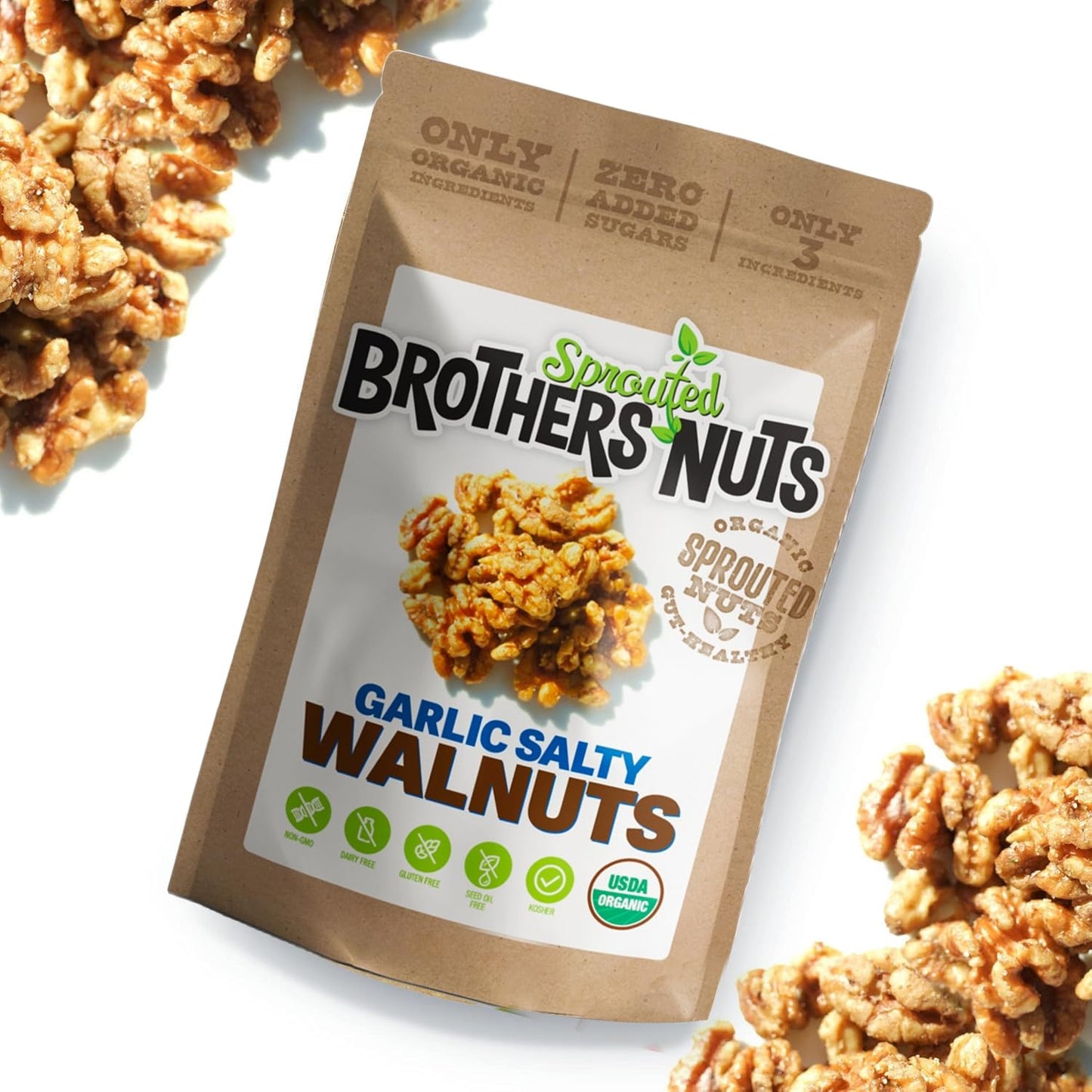 Brothers Sprouted Nuts Garlic Salty Walnuts – Organic, Vegan, Gluten-Free – 2 oz