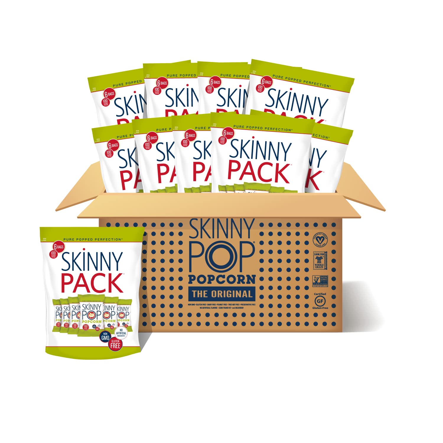 SkinnyPop Original Popcorn, Skinny Pack, Gluten Free, Non-GMO, Healthy Popcorn Snacks, Skinny Pop, 0.65 oz Individual Snack Size Bags, 10 Packs (6 Bags per Pack)