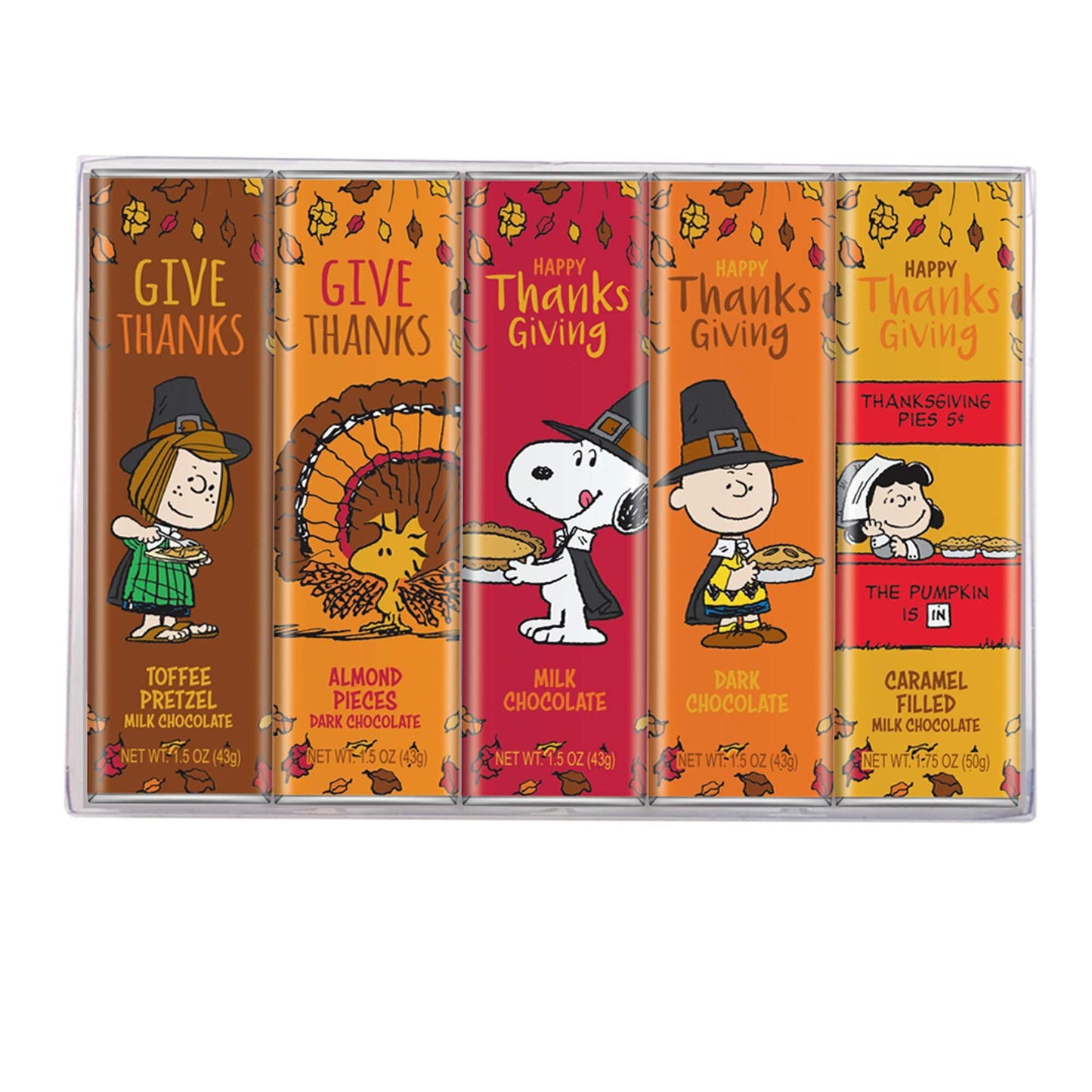 Peanuts Thanksgiving Candy Individually Wrapped Chocolate Variety Gift Box  Snoopy Gourmet Bar Snack Set  Gifts for mature-themeds and Kids  Rich Belgian Chocolate Give Thanks Consumable Gift  Kosher 1.75oz 5-Bars.