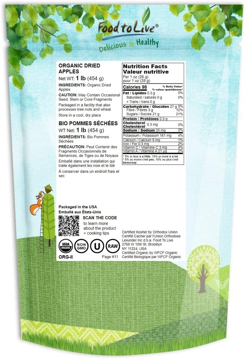 Food to Live Organic Dried Apple Rings, Non-GMO, Kosher, Vegan, 1 Pound, Unsulfured
