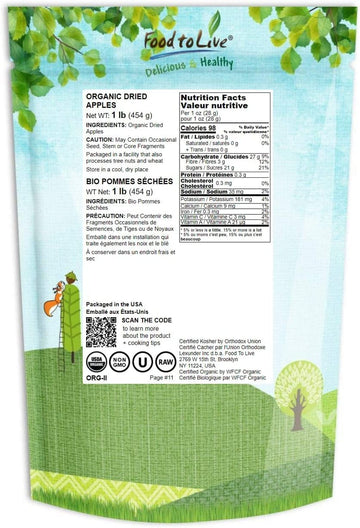 Food to Live Organic Dried Apple Rings, Non-GMO, Kosher, Vegan, 1 Pound, Unsulfured