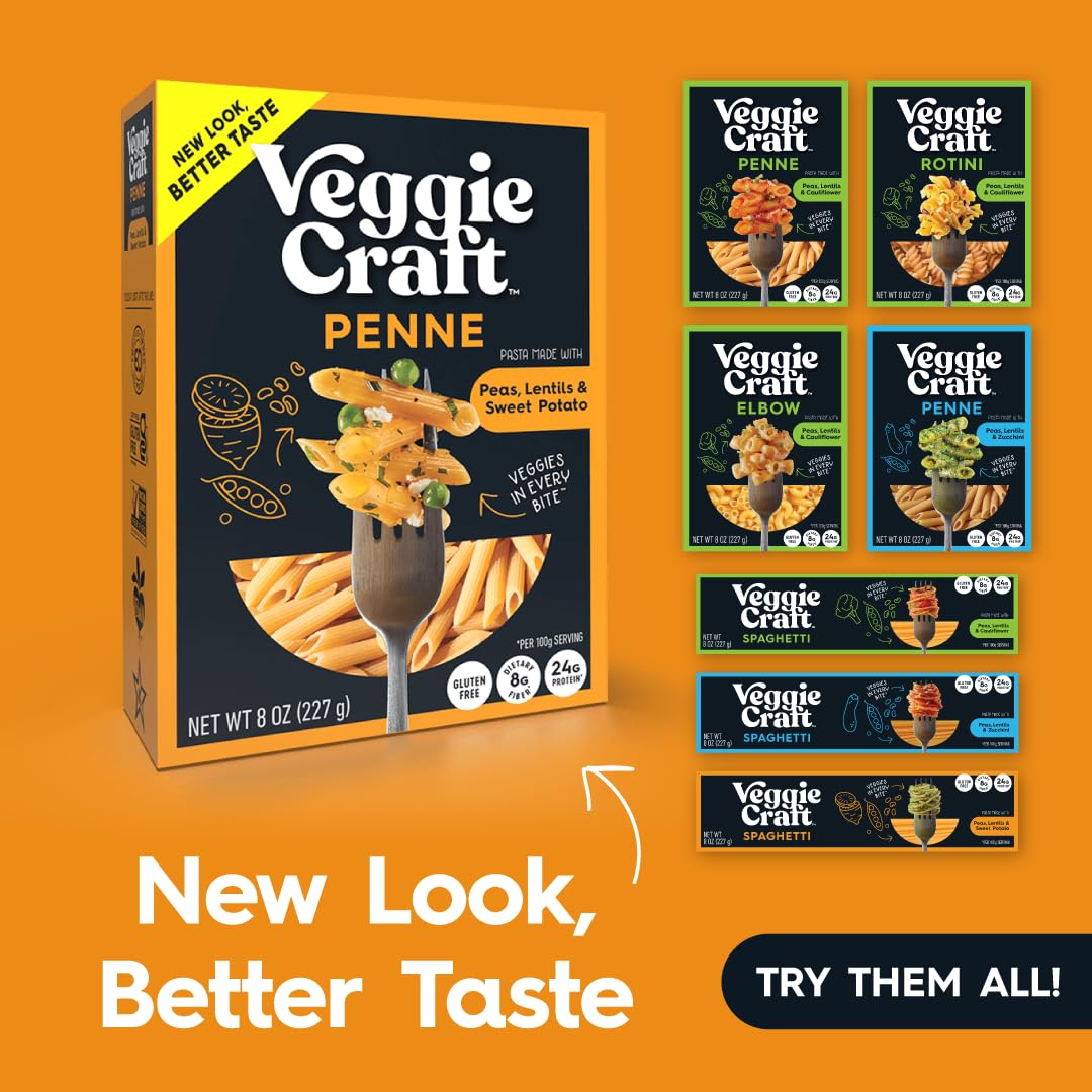 Veggiecraft Farms Penne Pasta - Low Carb Pasta, High Protein, Made with Sweet Potato, Lentil & Peas, Gluten Free, Plant Based Pa