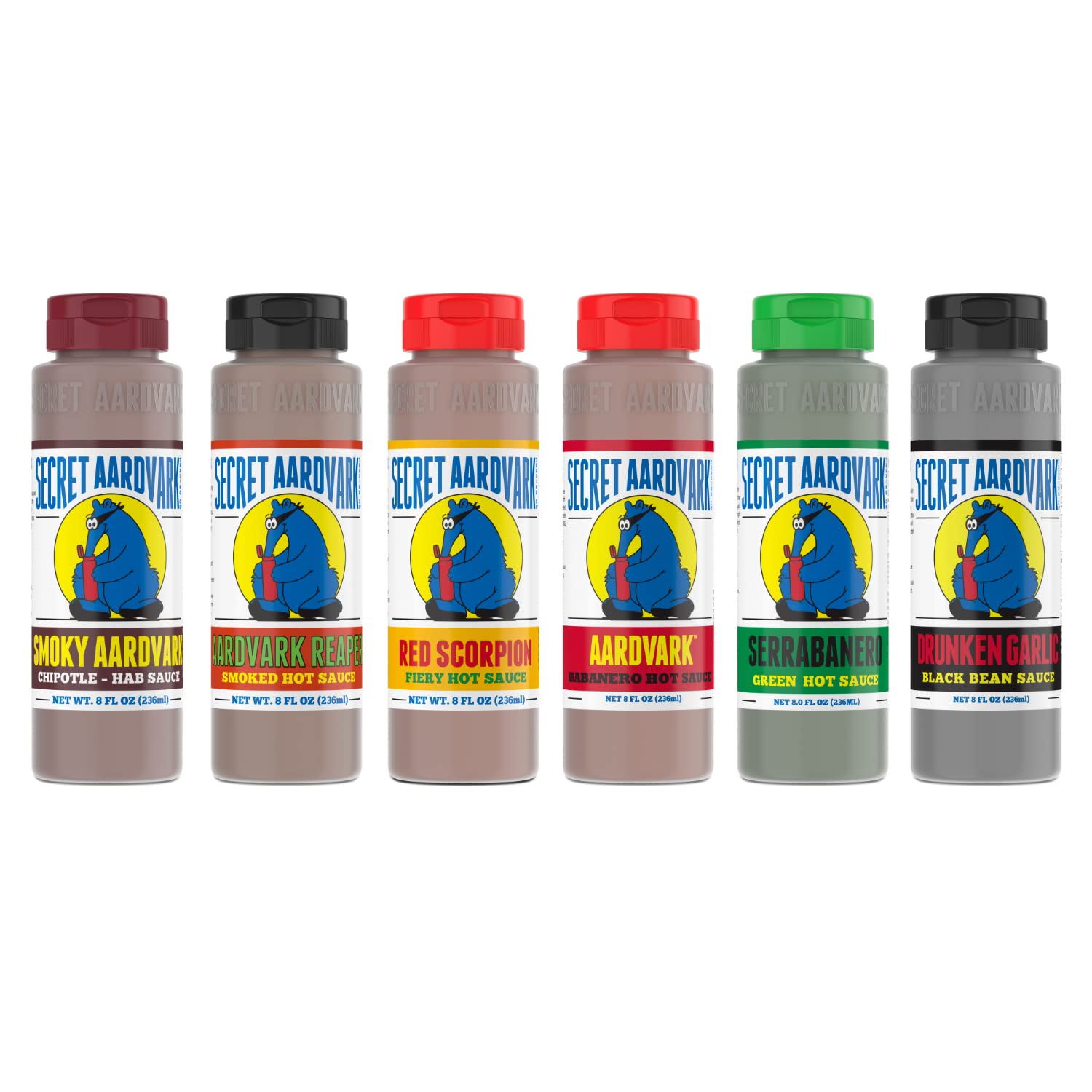 Secret Aardvark Hot Sauce Variety Pack - Smokey Chipotle, Reaper, Red Scorpion, Drunken Garlic, Serrabanero, & Habanero Hot Sauc
