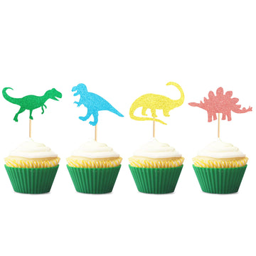 Arthsdite Pack Of 48 Glitter Pre-Assembled Dinosaur Cupcake Toppers Gold Green Dino Cupcake Picks Glitter For Kids First Birthda
