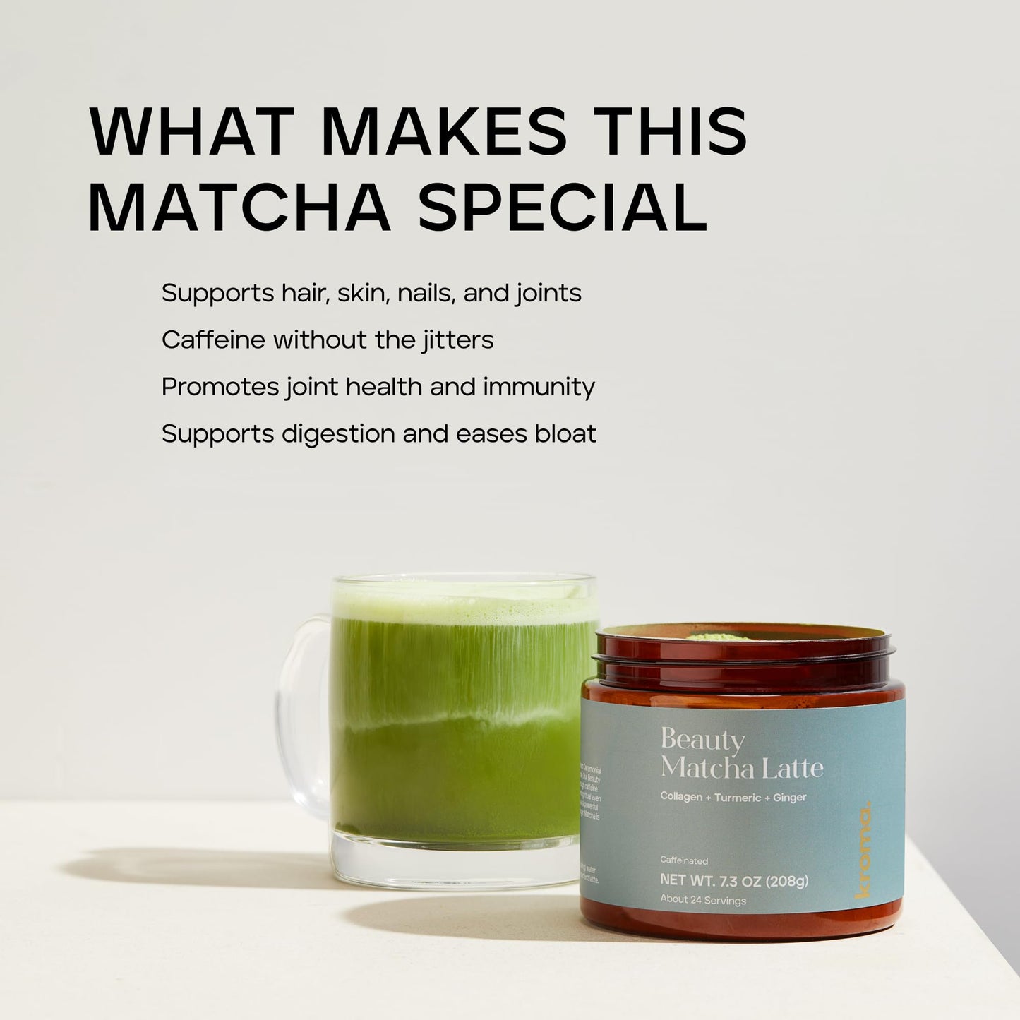 KROMA. Beauty Matcha Latte Powder, Collagen Ceremonial Grade, 7.18 Oz, 24 Servings, with Ginger & Turmeric, Adaptogenic Mushrooms