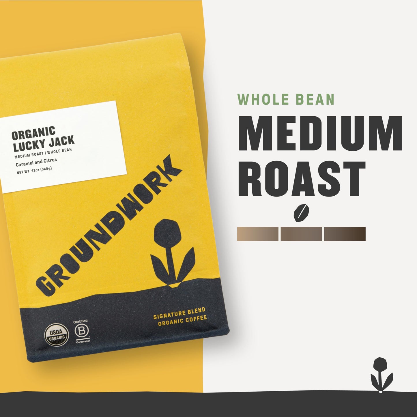 Groundwork Certified Organic Whole Bean Coffee, Lucky Jack, 12 oz Bag