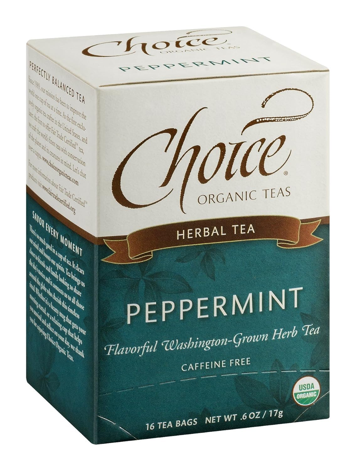Choice Organic Teas Organic Peppermint Tea - Caffeine Free - 16 Herbal Tea Bags - 1 Pack - Compostable