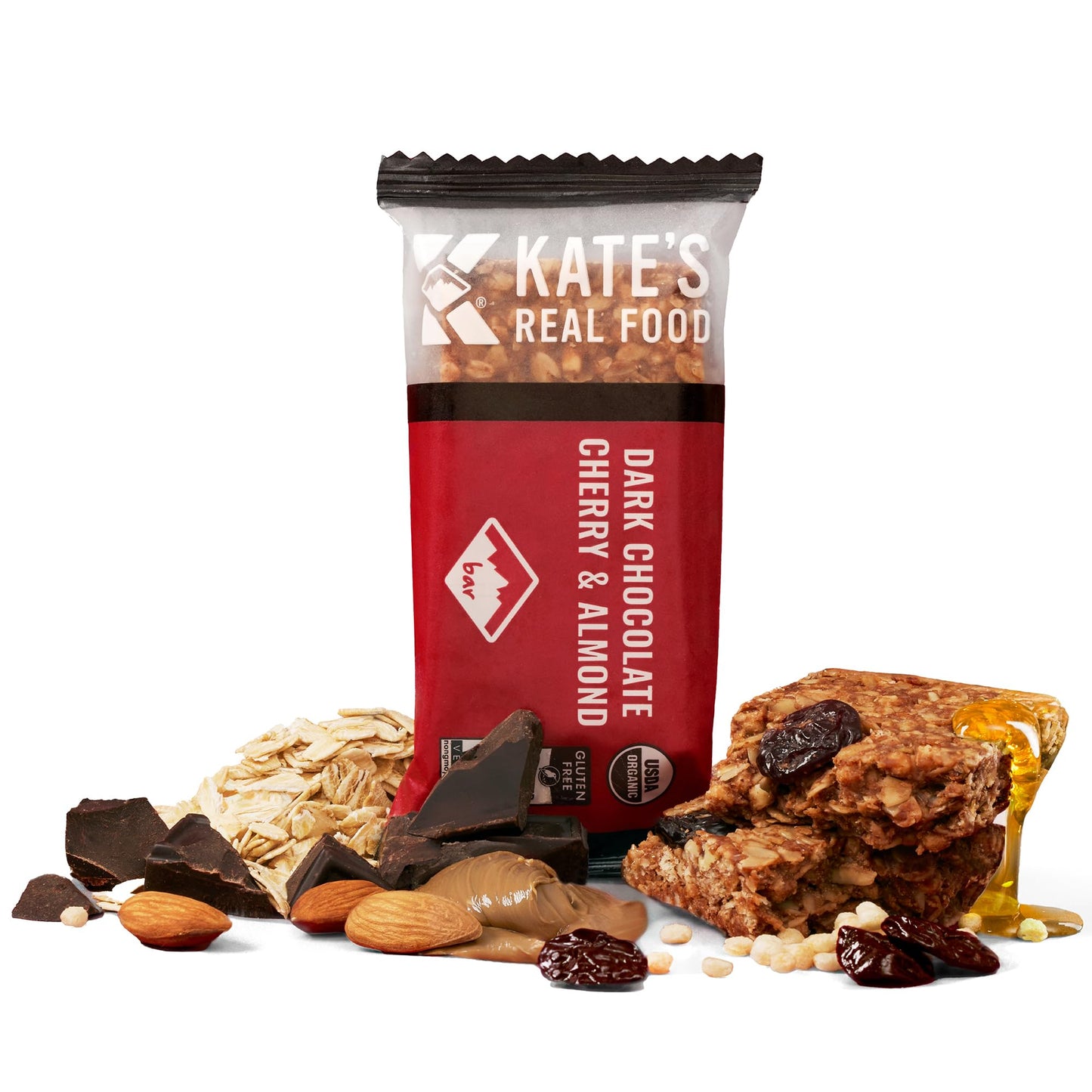 Kates Real Food Organic Granola Bars - Dark Chocolate Cherry & Almond (2.2 Oz  Pack Of 12) - Organic Energy Bars Made With Gluten Free Oats - Non Gmo  Soy Free  Whole Grains  And All Natural - Healthy Snacks