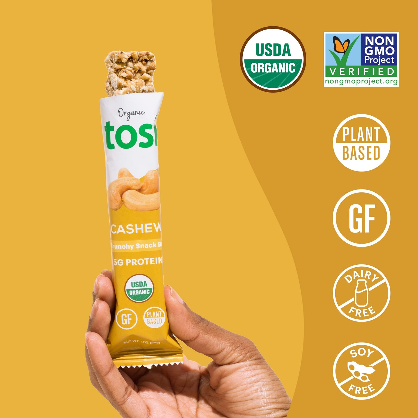 Tosi Cashew Protein Bars, Plant Based With Nuts, Gluten-Free Crunchy Snacks, Vegan, Organic, Flax & Chia Seeds, Soy-Free, Omega