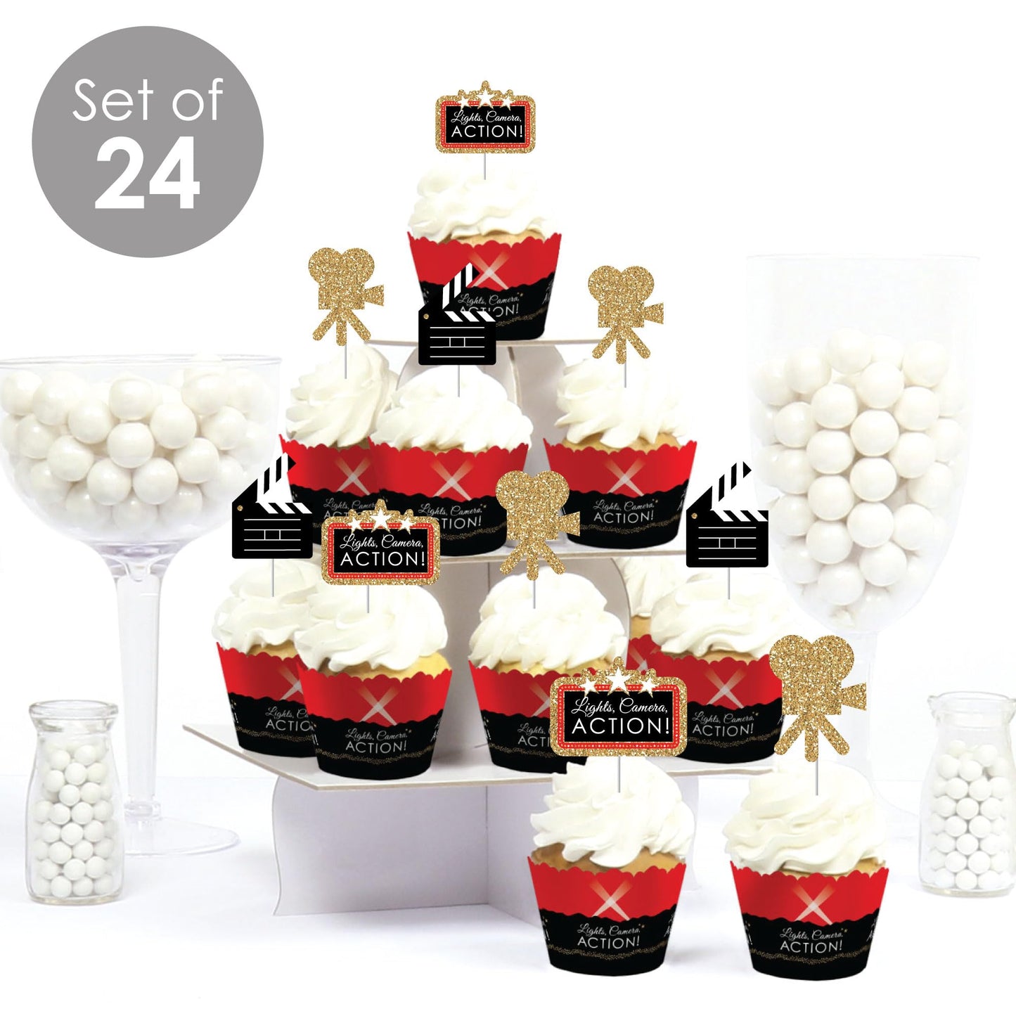 Big Dot of Happiness Cupcake Decorations Kit - Movie Night - Set of 24 - Red, Black, Gold, White - Small - Model BD5651tpk