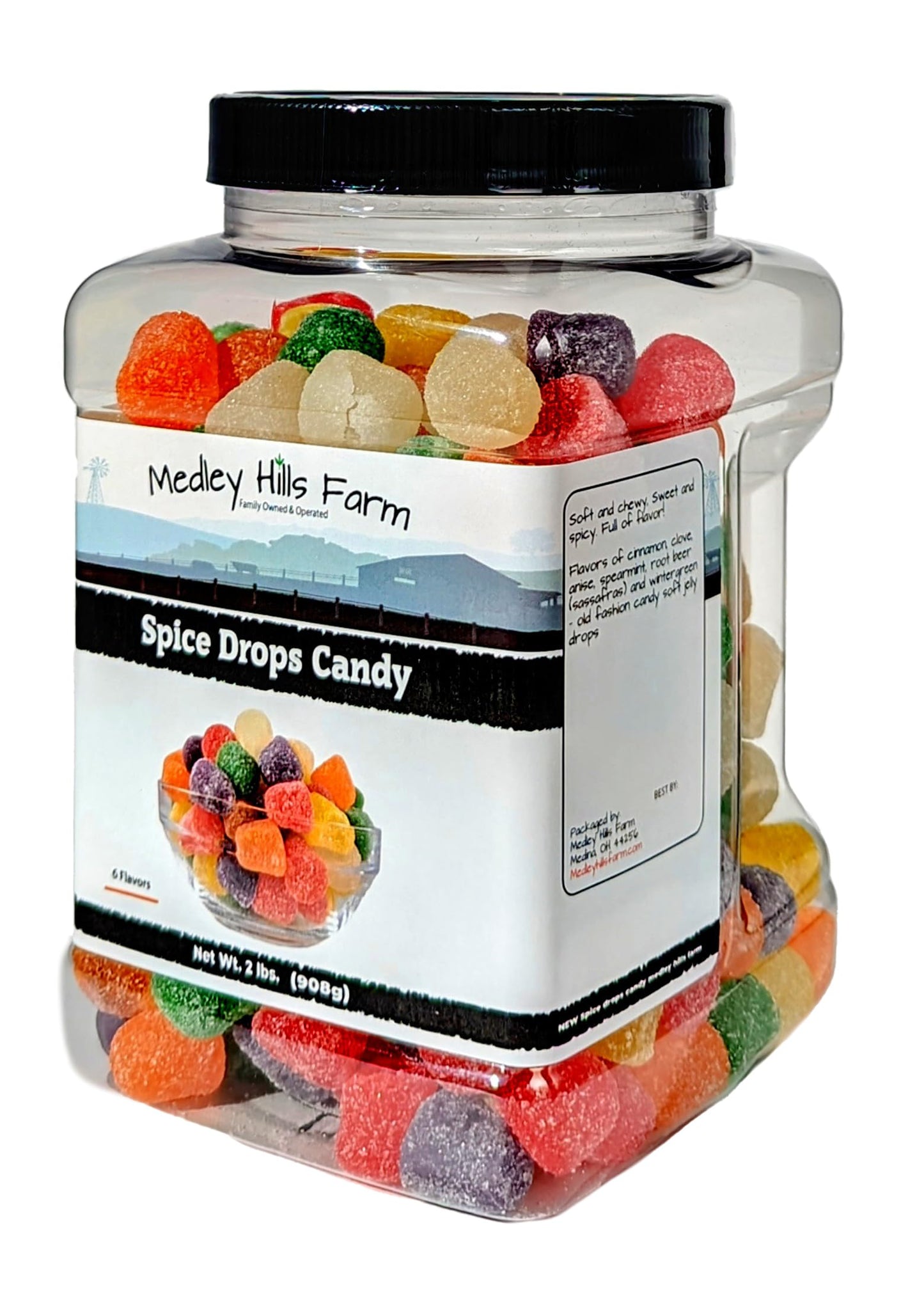 Medley Hills Farm Spice Drops Candy - Assorted Flavors, Soft Jelly Drops, 2 Lbs, Reusable Container