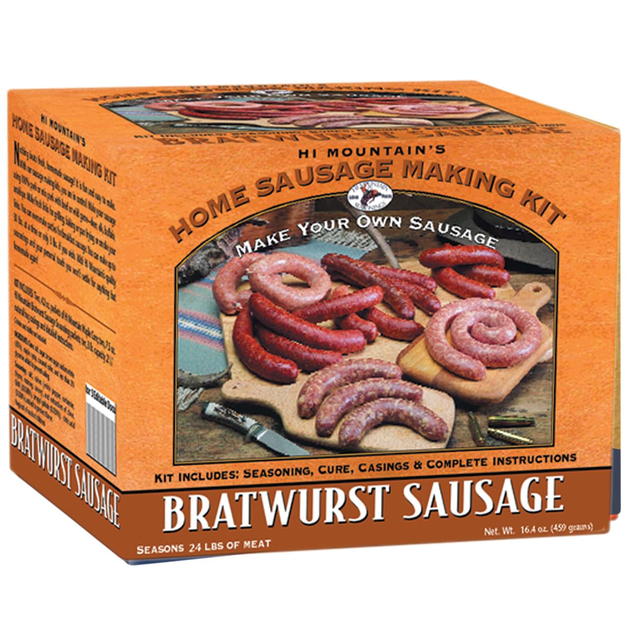 Hi Mountain Seasonings - BRATWURST Sausage Making Kit | Includes Sausage Seasoning, Cure, Natural Hog Casings, and Simple-to-Fol