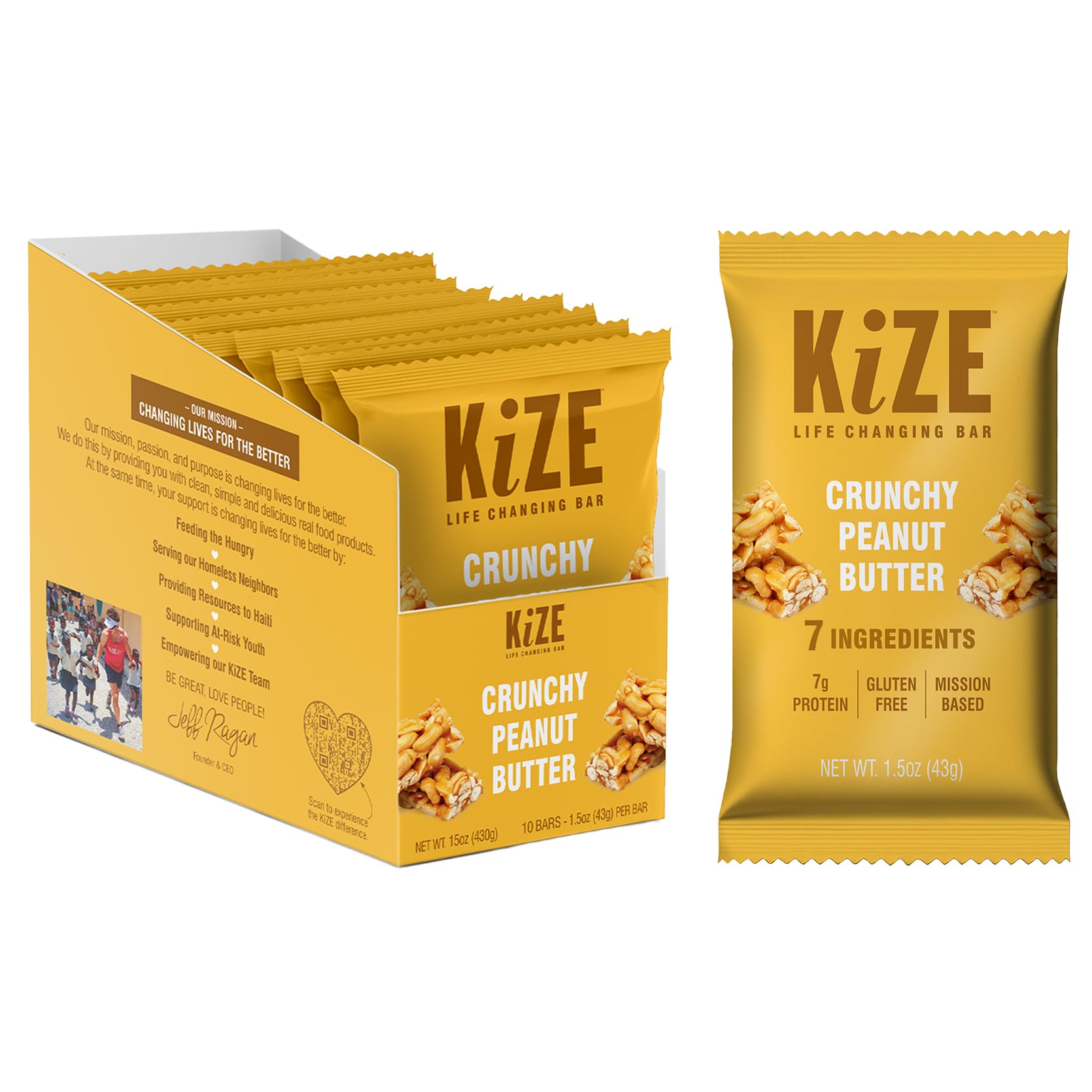 KiZE Energy Bars - Crunchy Peanut Butter - Gluten Free, Dairy Free, High Protein - 10 Count