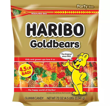 Haribo Gummi Candy, Original Goldbears Gummy Bears, 72 Ounce Resealable Party Size Bag, Delicious Soft & Chewy Sweet Snacks, Assorted Fruity Flavors