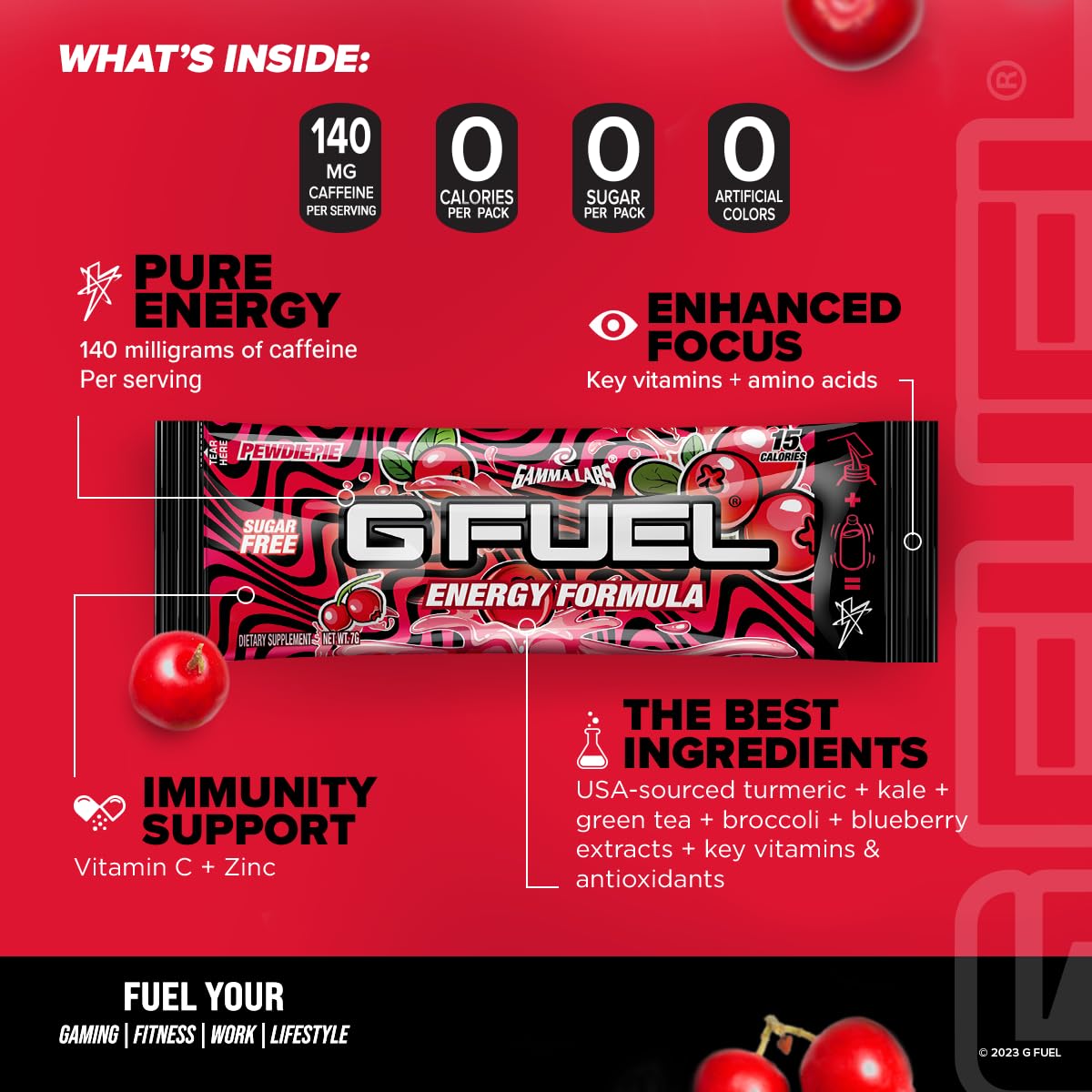 G Fuel PewDiePie Energy Powder Packets, Sugar Free, Lingonberry Flavor, Focus Amino Blend - 6 Stick Pack, 0.25 oz
