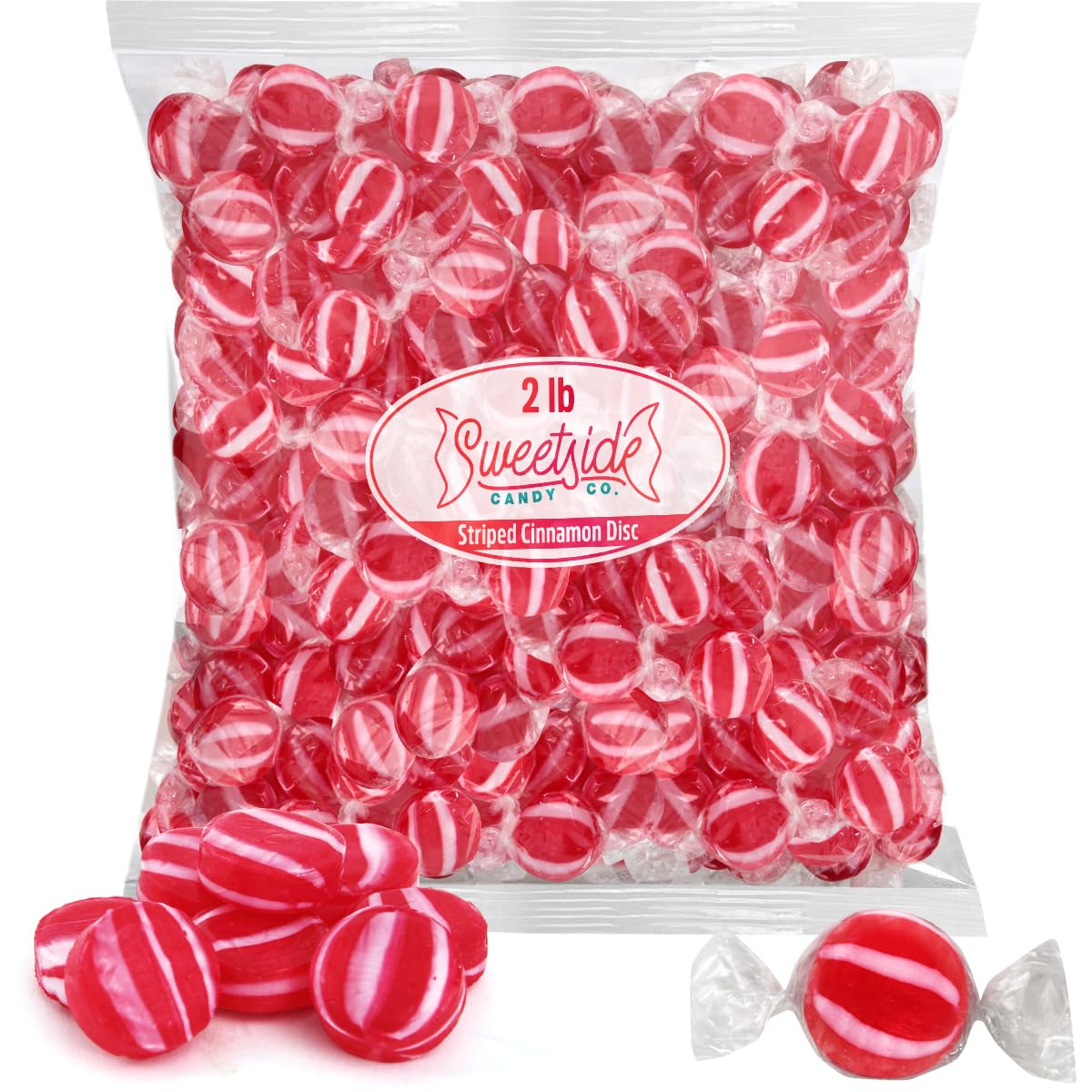 SWEETSIDE CANDY CO. Striped Cinnamon Discs, 2 lb Bag, Individually Wrapped, Bold Flavor