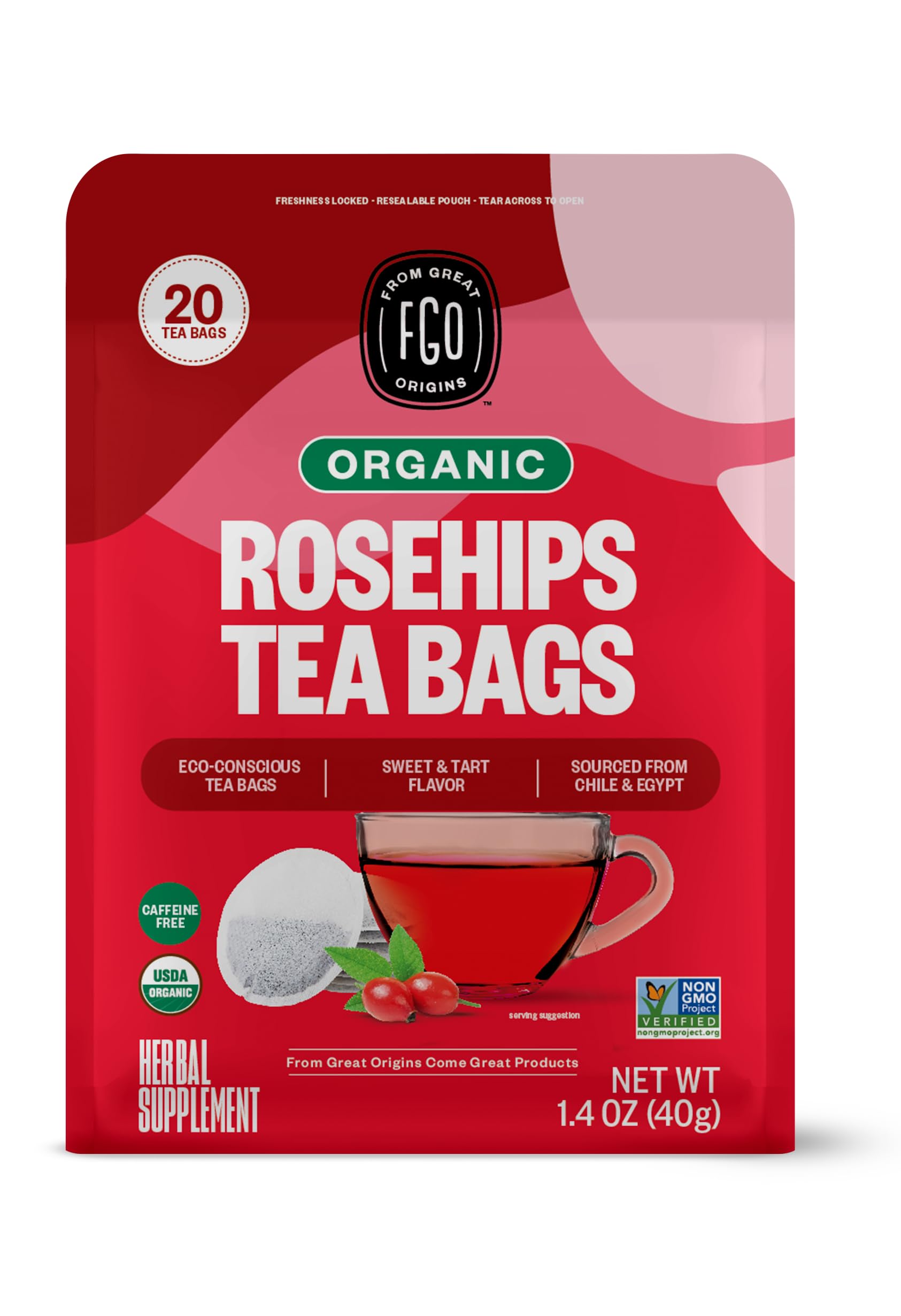 FGO Organic Rosehips Tea Bags, Eco-Conscious, 20 Count, Pack of 1