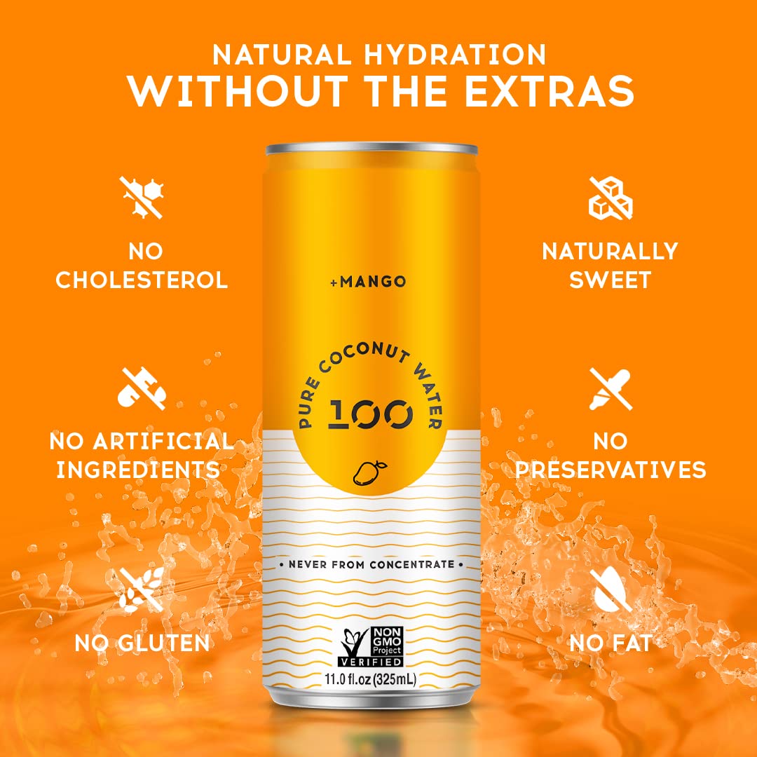 100 Coconuts Mango Pure Coconut-100% Pure Coconut Water - Low Calorie All-Natural Drink with Electrolytes - Naturally Sweet  no preservatives- Non-GMO  11 fl oz  Pack of 12 (Pure Coconut Water)