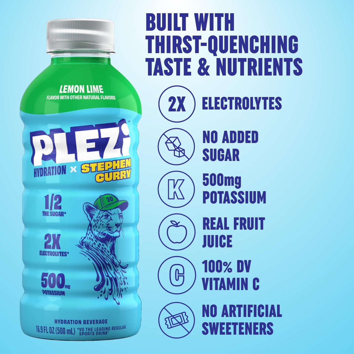 PLEZi Lemon Lime Hydration Drink x Stephen Curry - Sports Drinks with 2X the Electrolytes - 500mg Potassium, Low Sugar, No Added