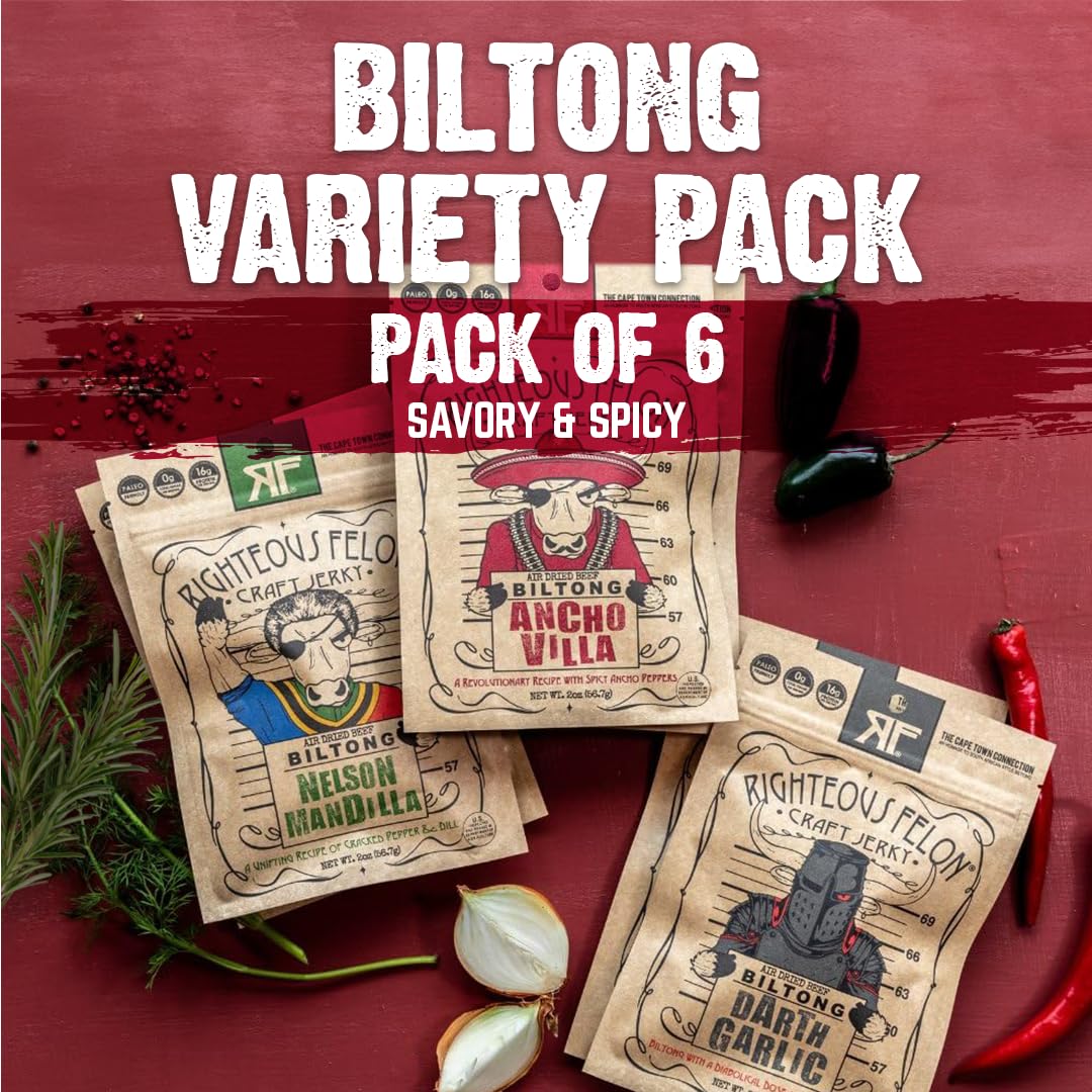 Righteous Felon Biltong Beef Jerky Variety Pack | South African Biltong Snack Packs For Mature-Themeds | High Protein, Keto-Friendly, Low Sugar | Made With Enhanced Meats | Beef Jerky Gifts For Men | 6 Pack