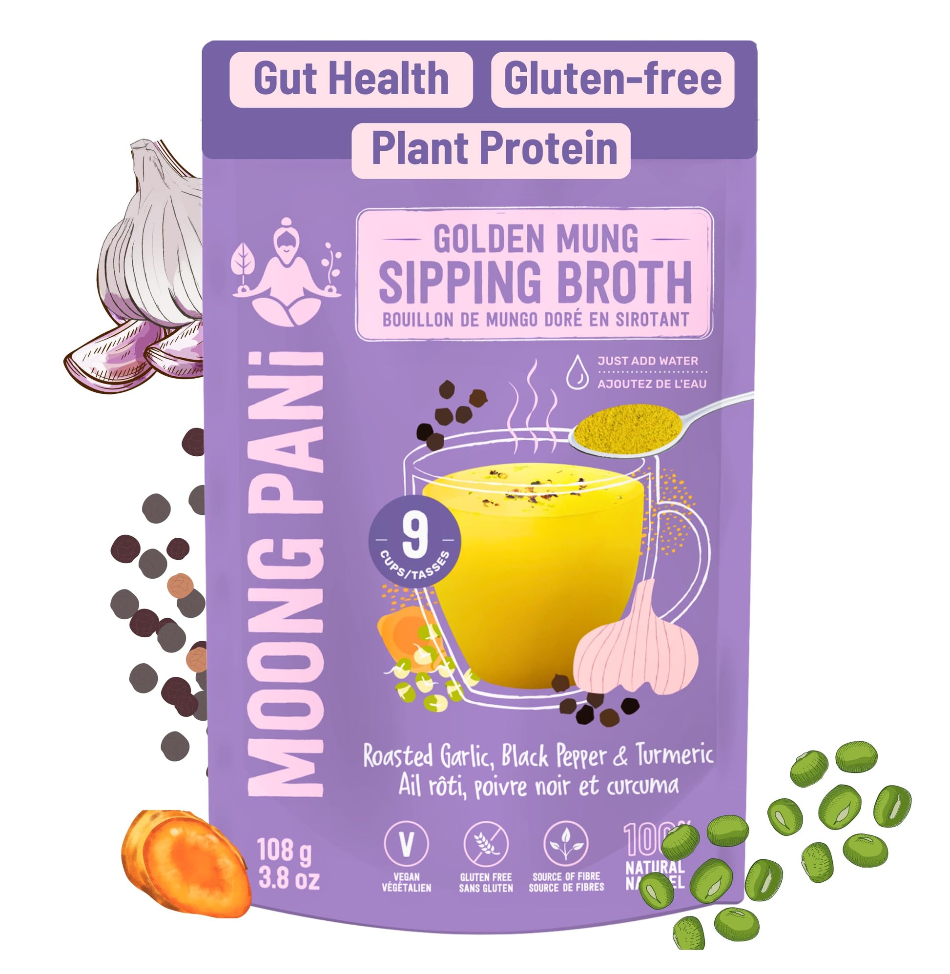 MOONG PANI Vegetable Broth Powder, Natural Veggie Soup Lower Sodium (Roasted Garlic & Turmeric) Keto Friendly, Vegan, High Fiber