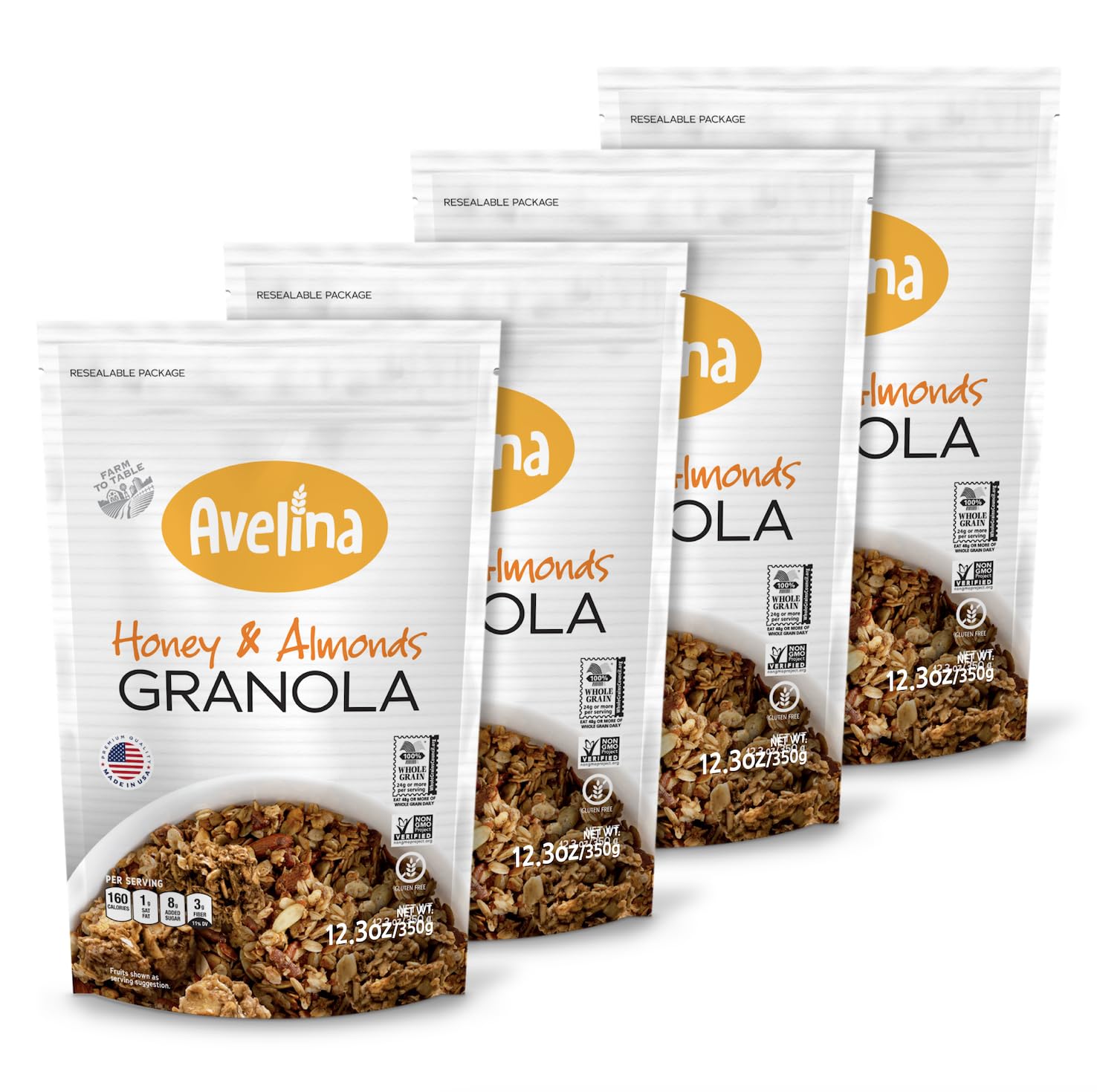 Avelina Gluten Free Granola Honey & Almonds - Healthy Oatmeal-Based Cereal - Kosher, Non-Gmo - (12.3 Oz, 4-Pack)
