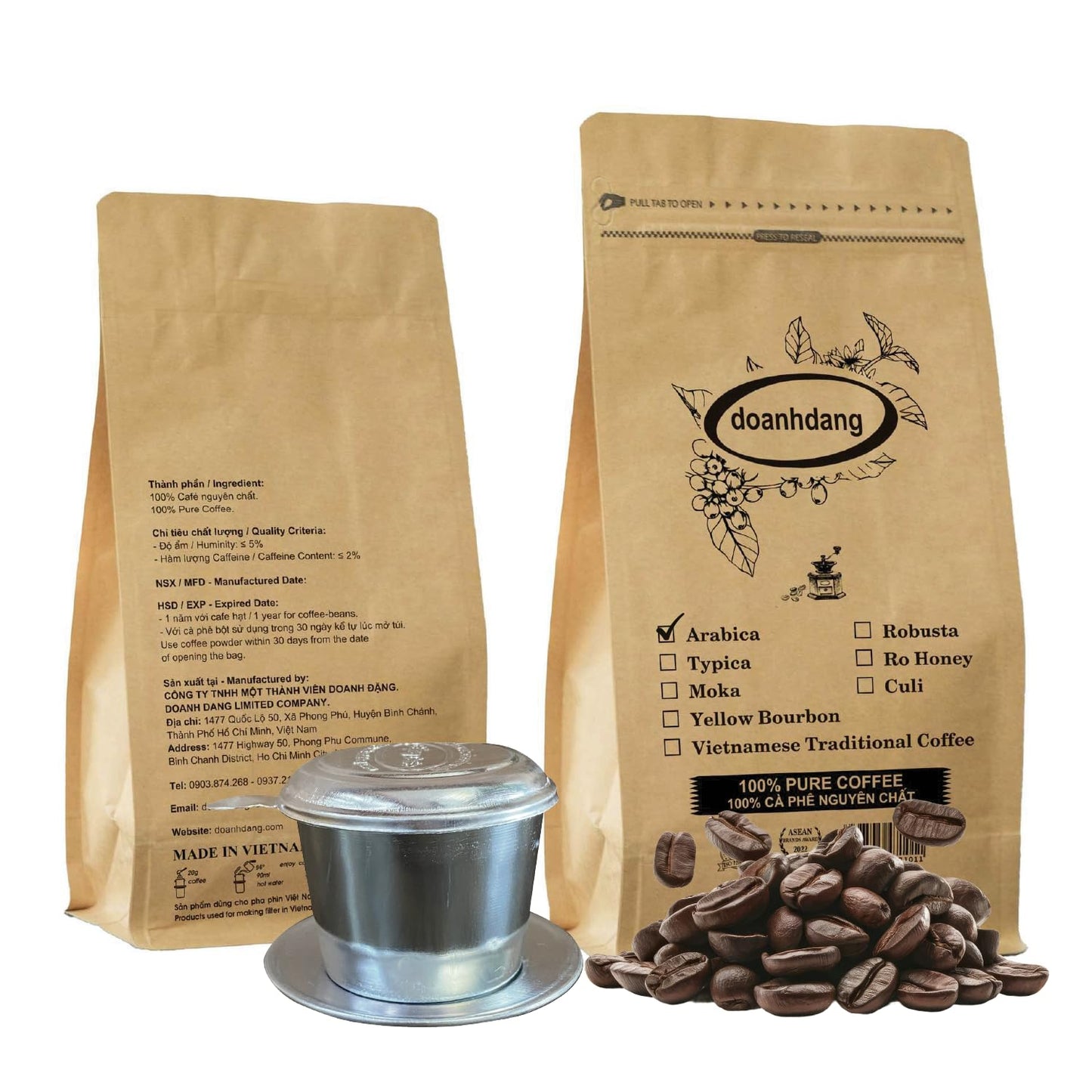 Doanhdang - 17.6 Oz Enhanced Arabica Whole Bean Coffee, 100% Arabica Medium Roast, Rich Flavor For Espresso And Brew, Origin From Vietnam, Whole Med Roast Beans