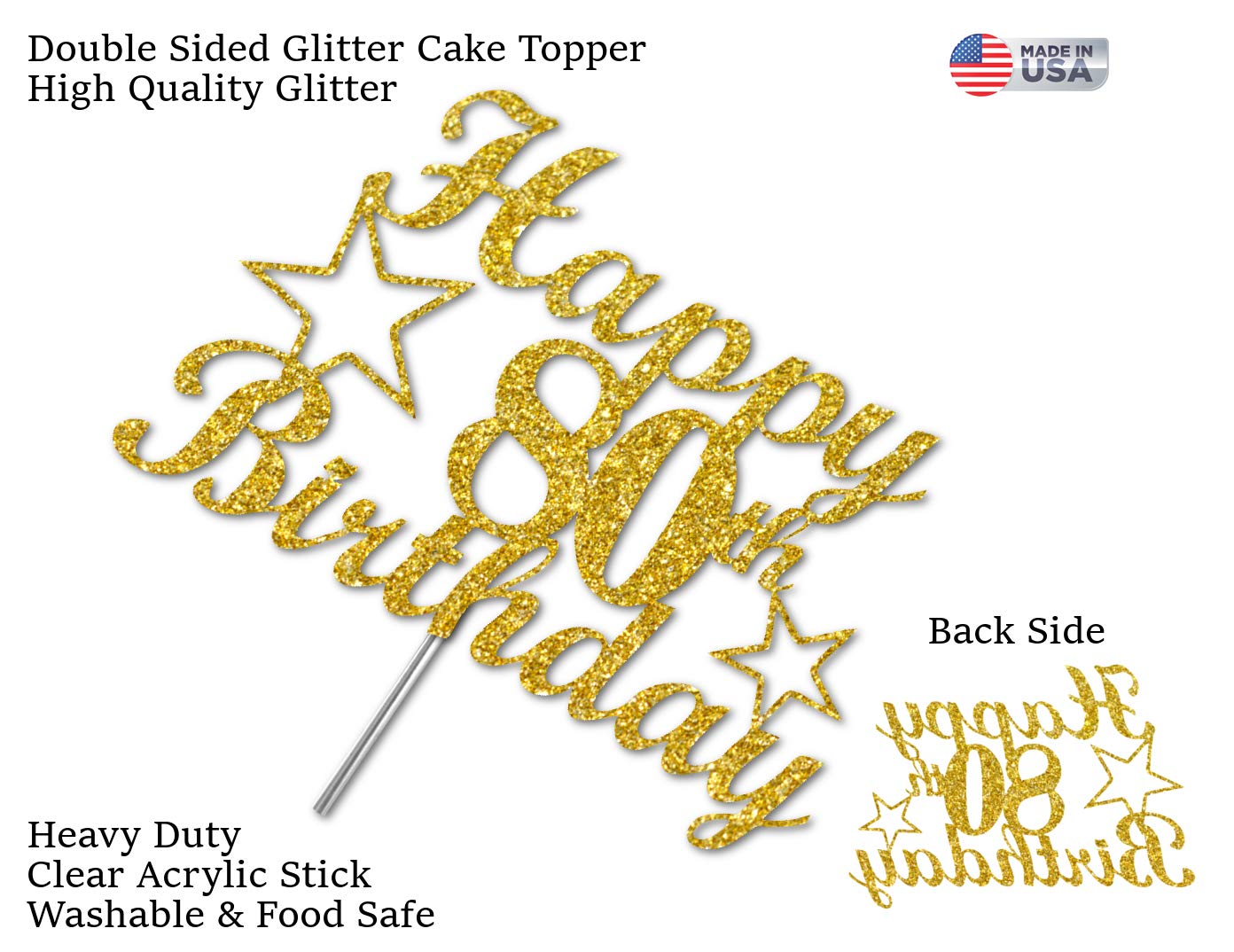 80 Birthday Cake Topper Gold Glitter, Party Decoration Ideas, Premium Quality, Sturdy Doubled Sided Glitter, Acrylic Stick. Made