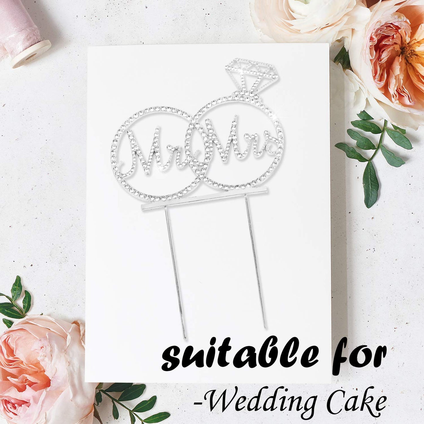 Mr & Mrs Cake Topper For Wedding Anniversary Rings Crystal Rhinestone Party Decoration (Silver)