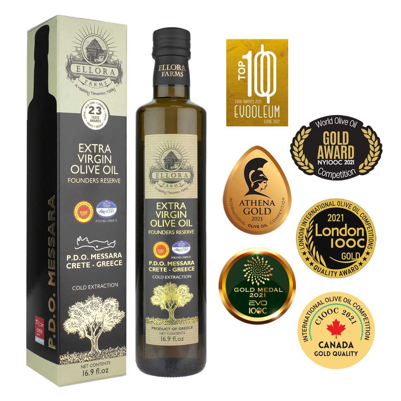 Ellora Farms, Greek Extra Virgin Olive Oil, Single Estate Pdo Messara, Greece, Non Gmo, Cold-Pressed, Polyphenol, Glass Bottle,