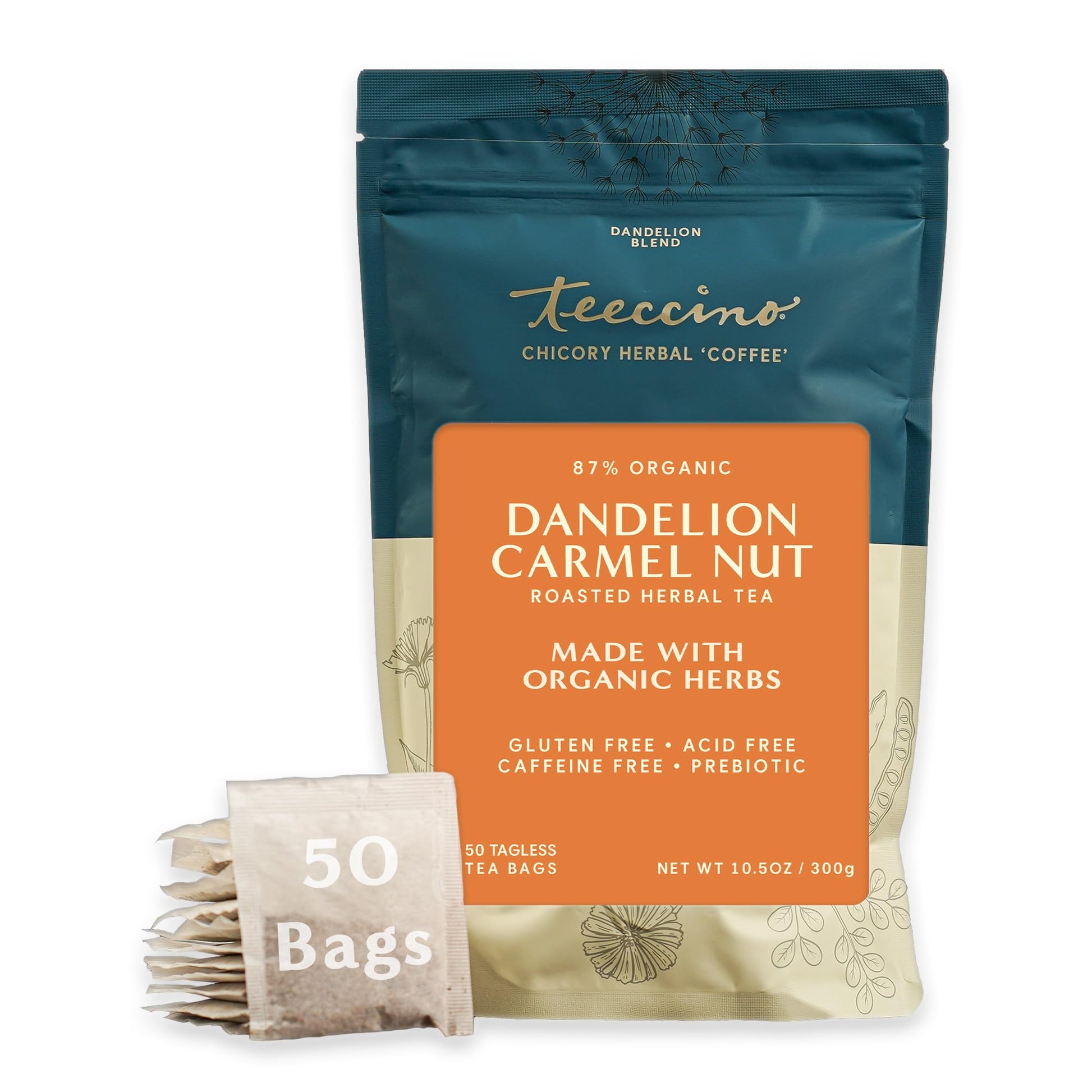 Teeccino Dandelion Caramel Nut Tea - Caffeine Free Herbal Tea - 50 Eco-Friendly Tagless Tea Bags