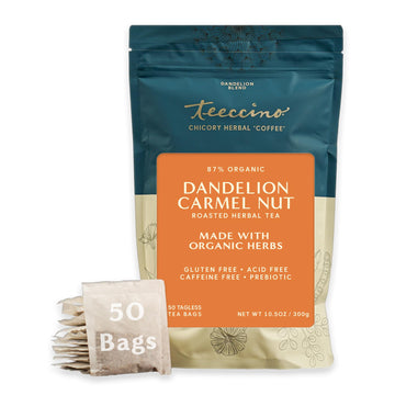 Teeccino Dandelion Caramel Nut Tea - Caffeine Free Herbal Tea - 50 Eco-Friendly Tagless Tea Bags