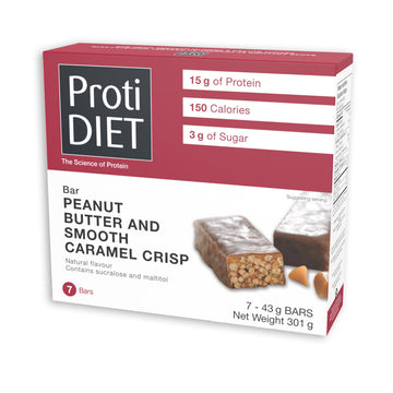 ProtiDIET Peanut Butter and Smooth Caramel Crisp Protein Bar - Gluten Free and GMO Free High Protein Snacks for Adults, Perfect 