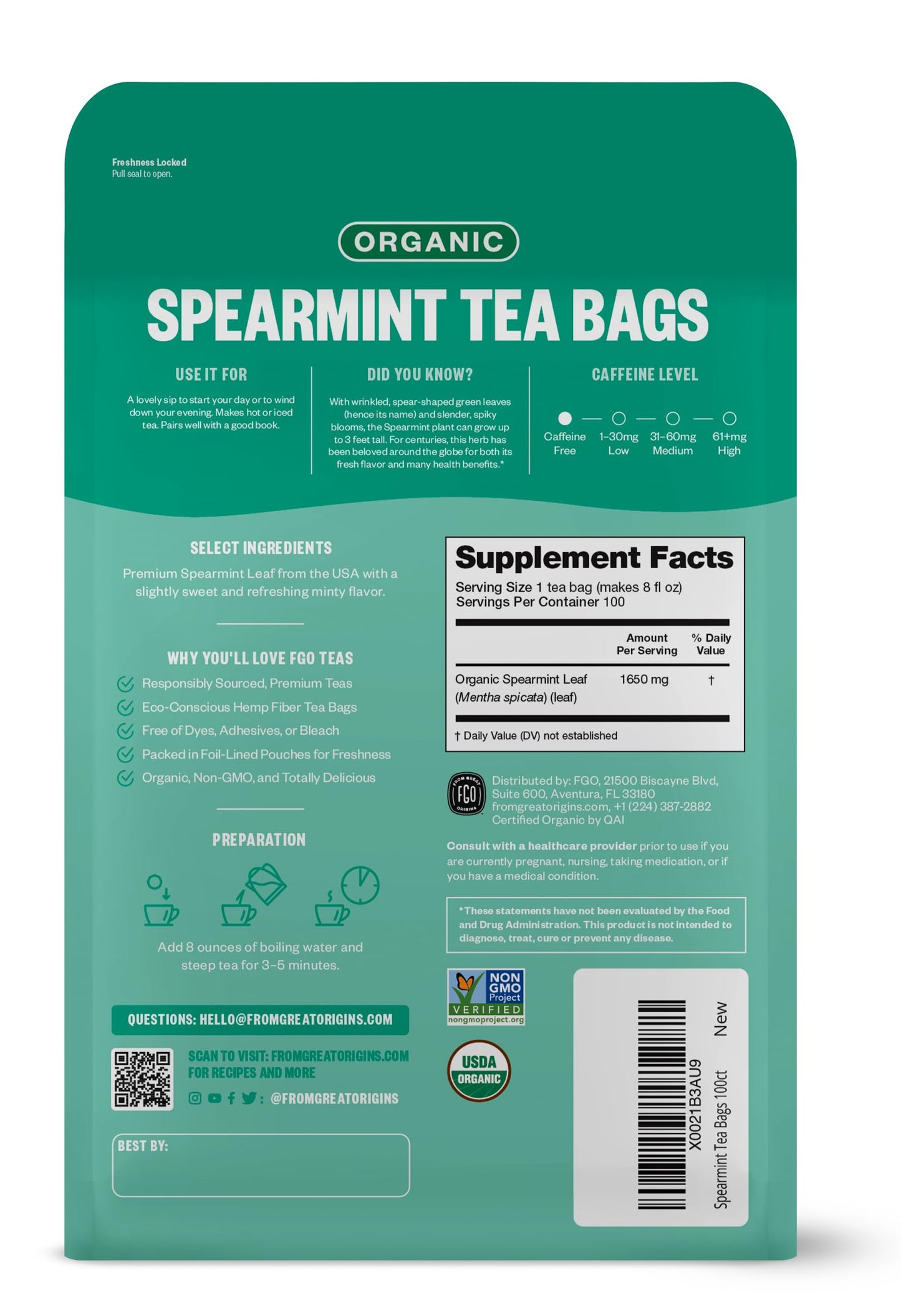 Fgo Organic Spearmint Leaf Tea, Eco-Conscious Tea Bags, 100 Count, Packaging May Vary (Pack Of 1)