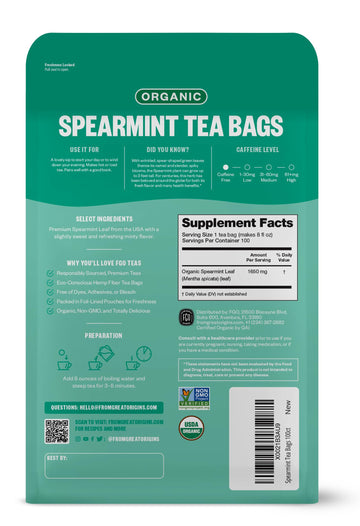 Fgo Organic Spearmint Leaf Tea, Eco-Conscious Tea Bags, 100 Count, Packaging May Vary (Pack Of 1)