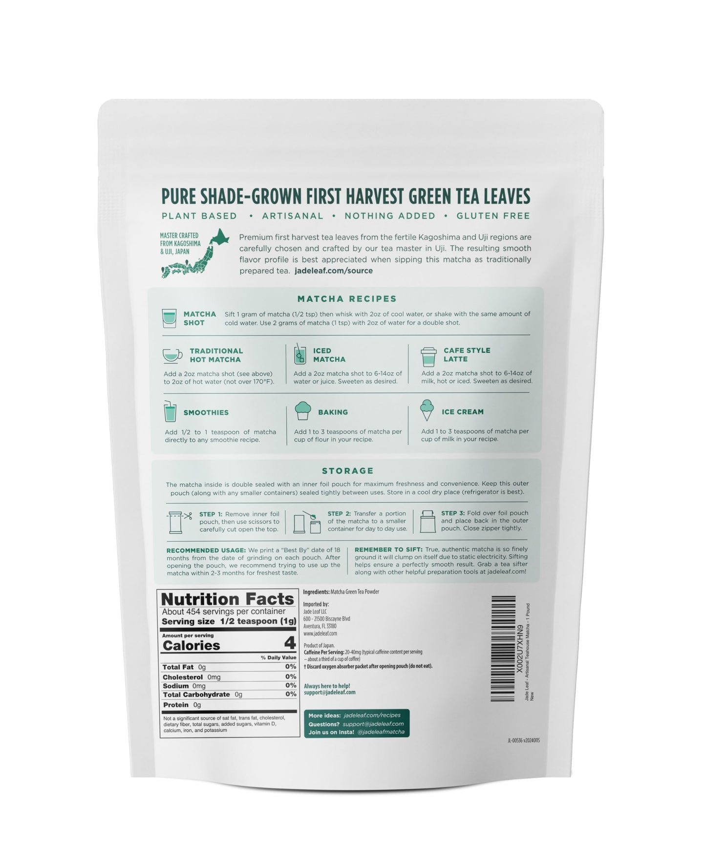Jade Leaf Matcha Ceremonial Grade Matcha Green Tea Powder - Authentic Japanese Origin - Artisanal Teahouse Edition enhanced First Harvest (1 Pound Bulk Pouch)