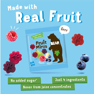Bear Real Fruit Snack Minis, Raspberry/Blueberry, No Added Sugar, All Natural, Bite Sized Snacks For Kids, Non Gmo, Gluten Free,
