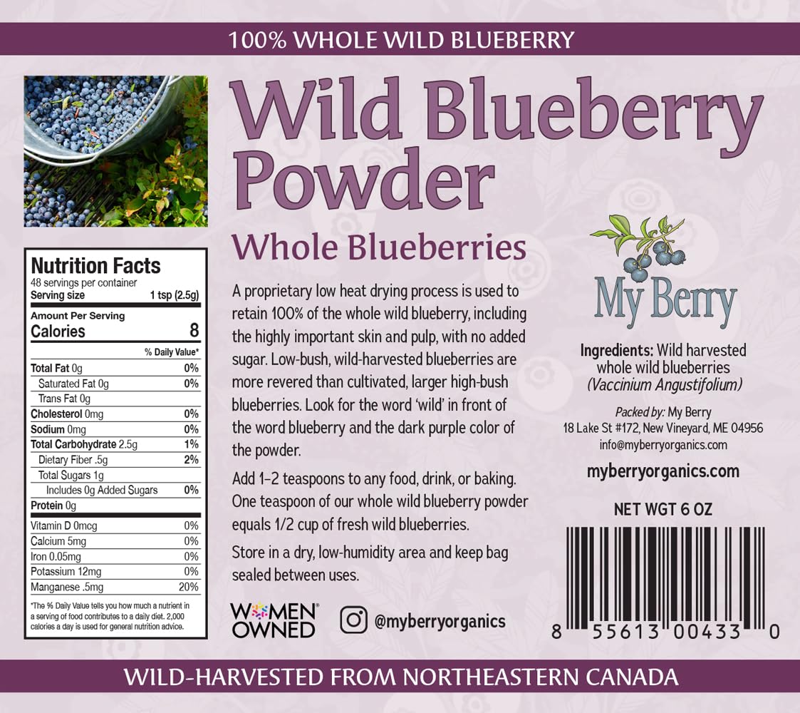 Wild Blueberry Powder | 100% Whole Wild Berry | 6oz | Unsweetened | Grown in North America | Not an Extract, Bilberry or Juice |