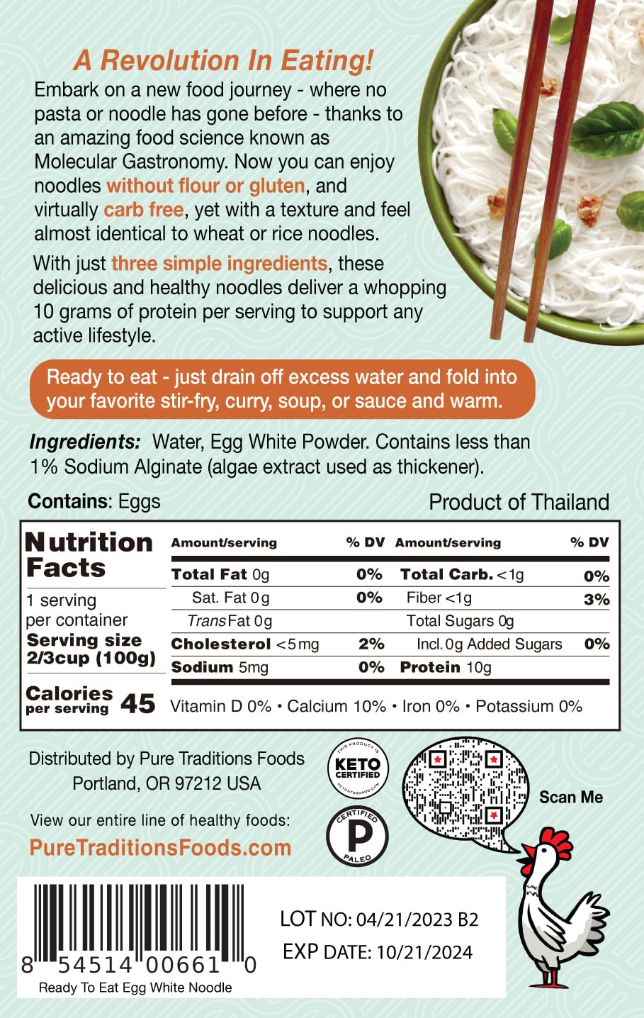 Pure Traditions Noodle Revolution Keto Noodles, 1G Carbs, 10G Protein, Ready to Eat, 3.5 oz (Pack of 6), Certified Paleo, Vermic
